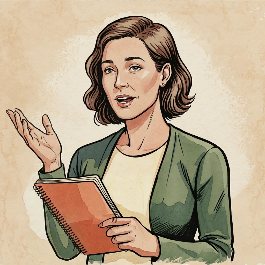 Opal explains something, one hand raised, her notebook in the other.