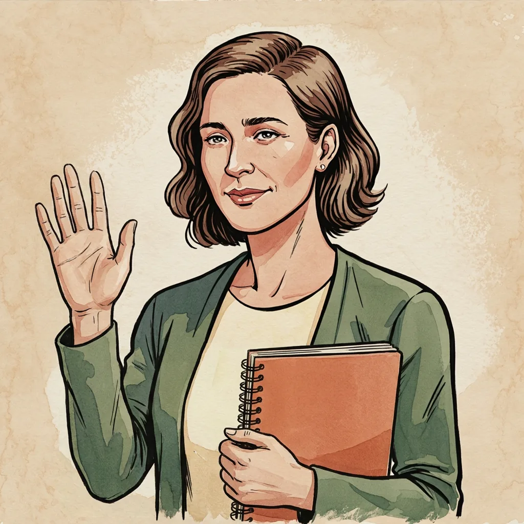 Opal, in an olive cardigan, waves hello and holds her terracotta notebook.